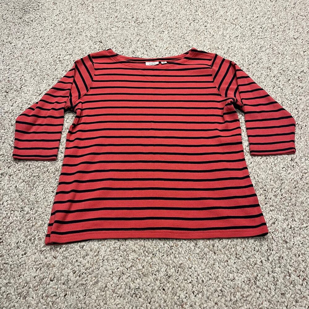 LL Bean Boatneck Striped Sweater XS Coral Navy Preppy Coastal Nautical Casual